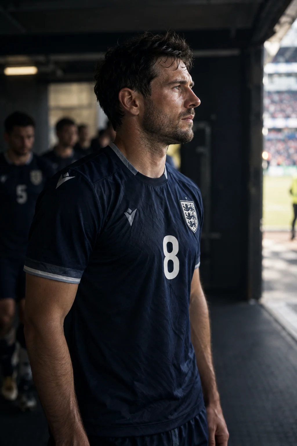 Footballer concentrating in the stadium tunnel before a match