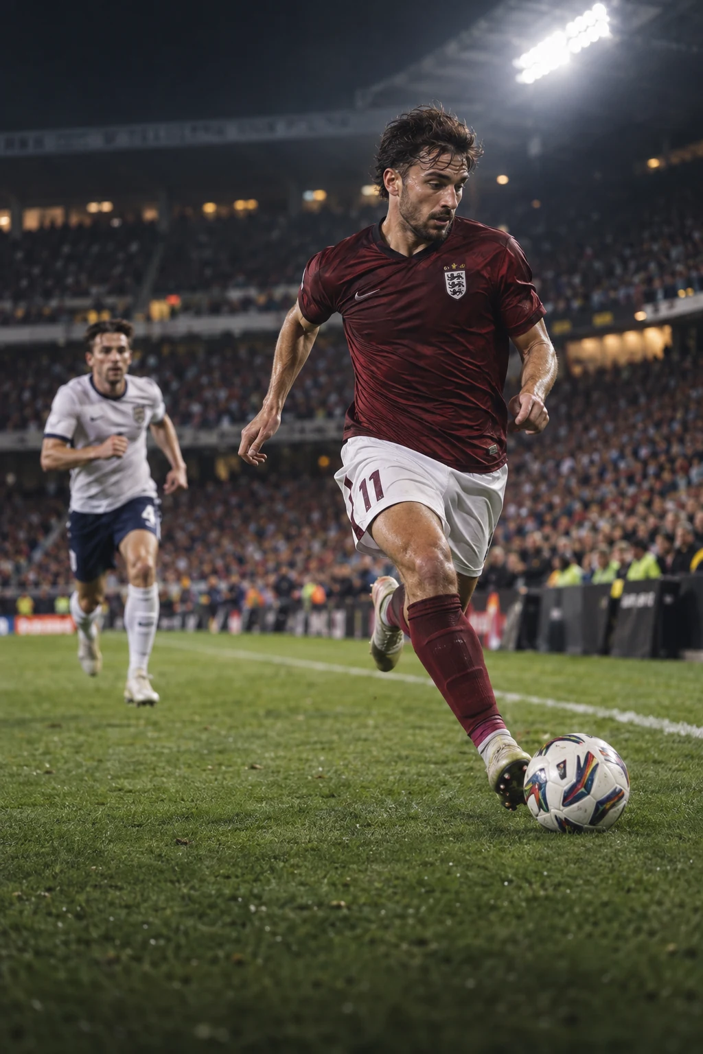 Footballer accelerating with the ball in a floodlit stadium