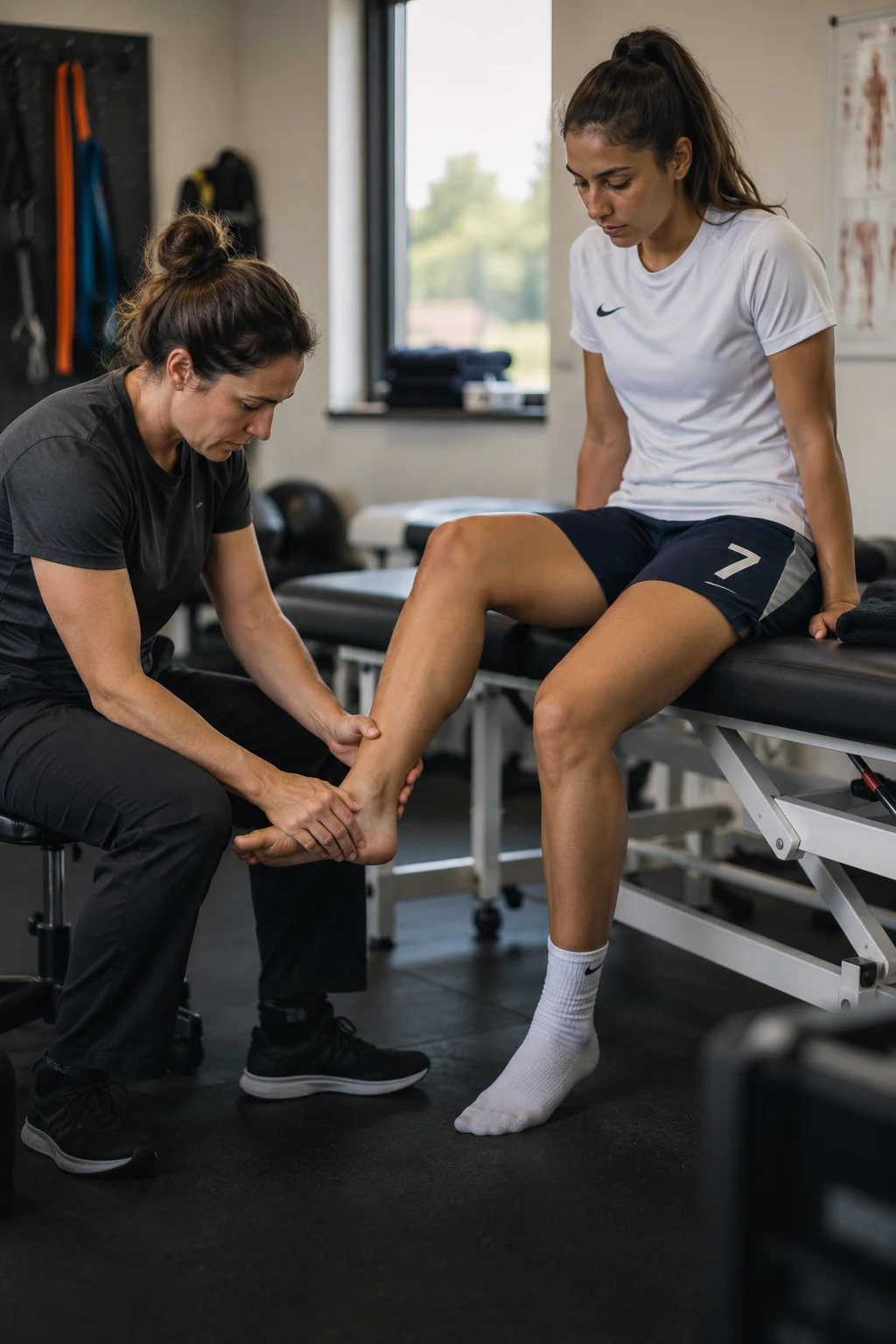 Female footballer receiving an ankle assessment from a physiotherapist