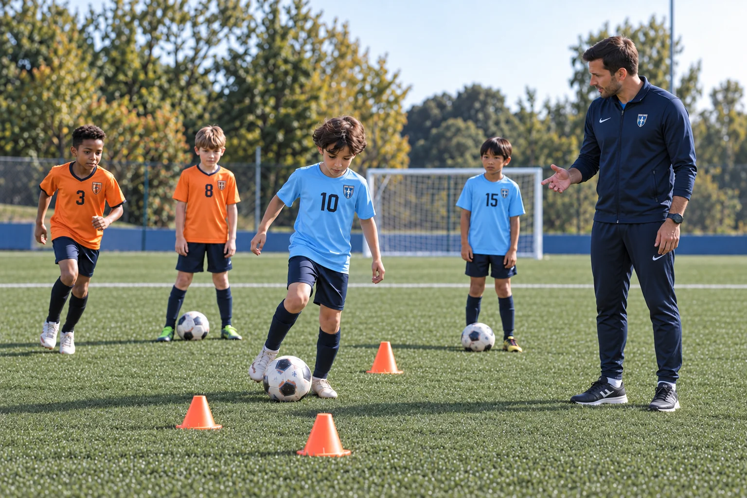 Boys practise dribbling through cones on synthetic turf while a standing coach gives instructions