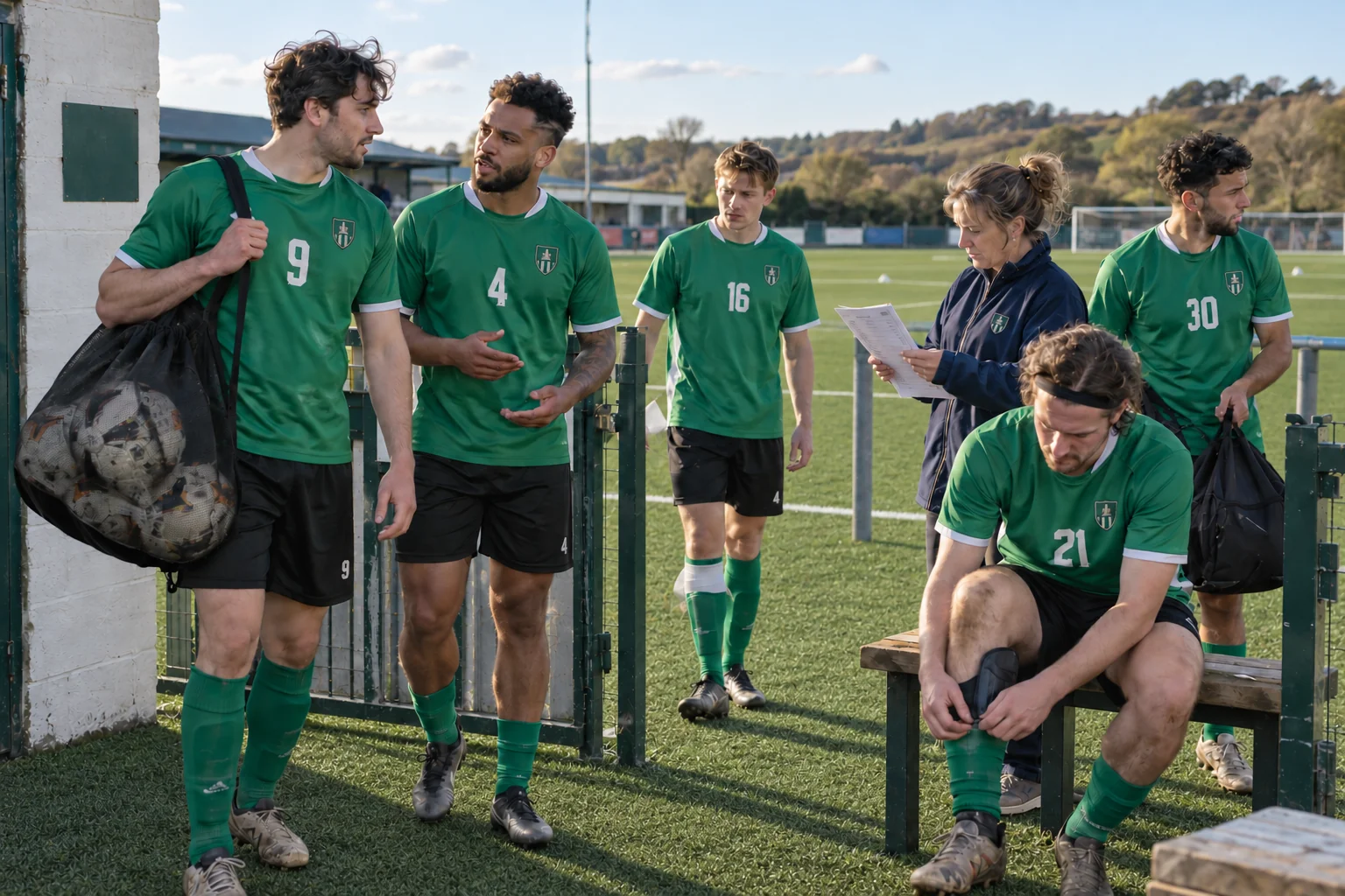 Male footballers in green numbered kits prepare with their club organiser