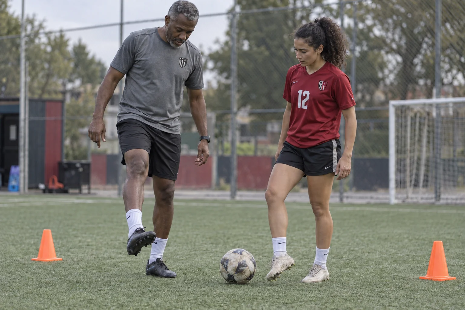 An independent coach gives technical instruction to a player on an artificial pitch