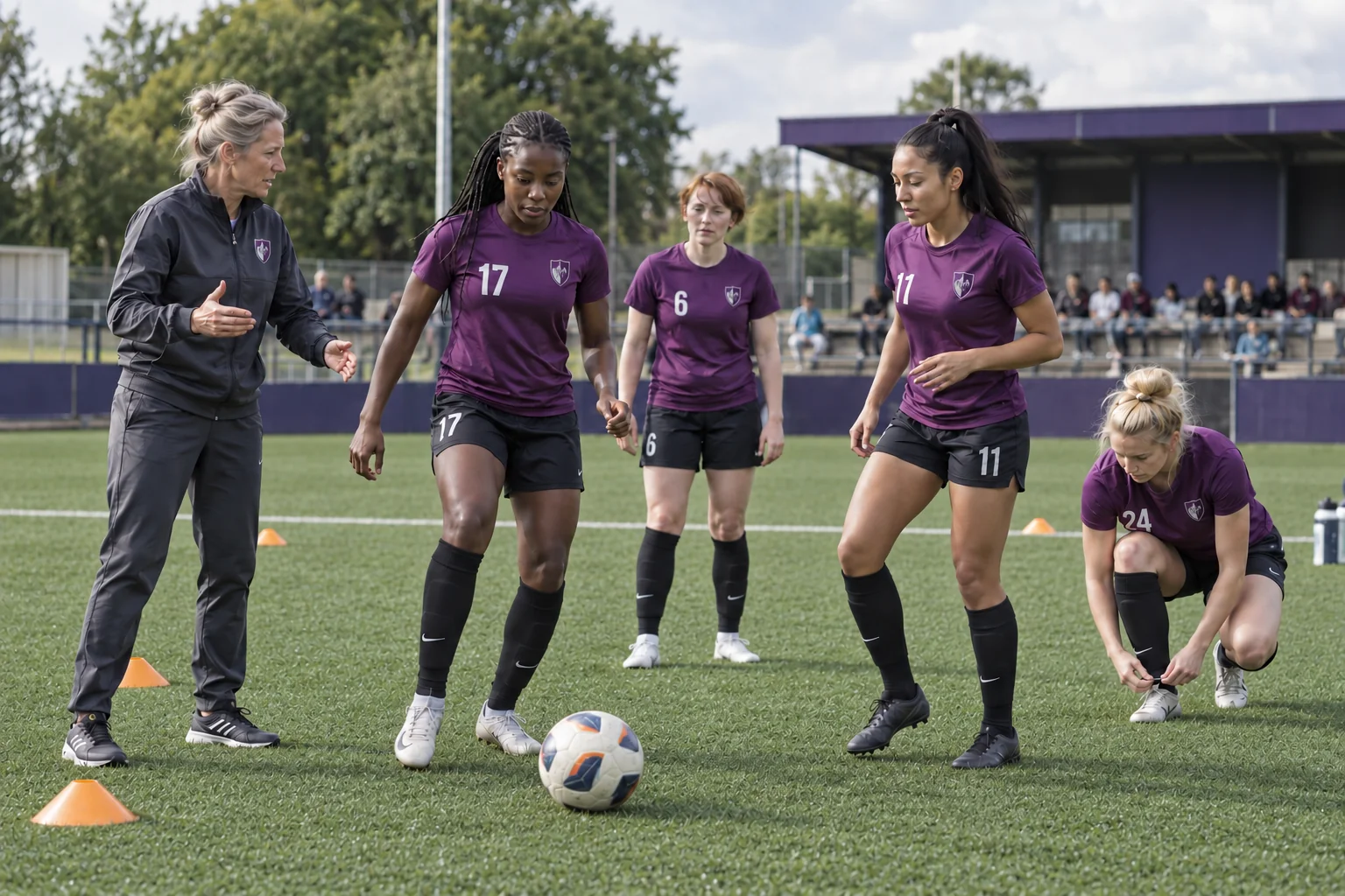 A women’s academy coach leads a technical exercise on synthetic turf
