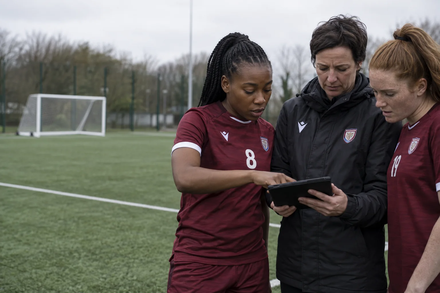 A football coach and two women players review a tablet beside an artificial pitch