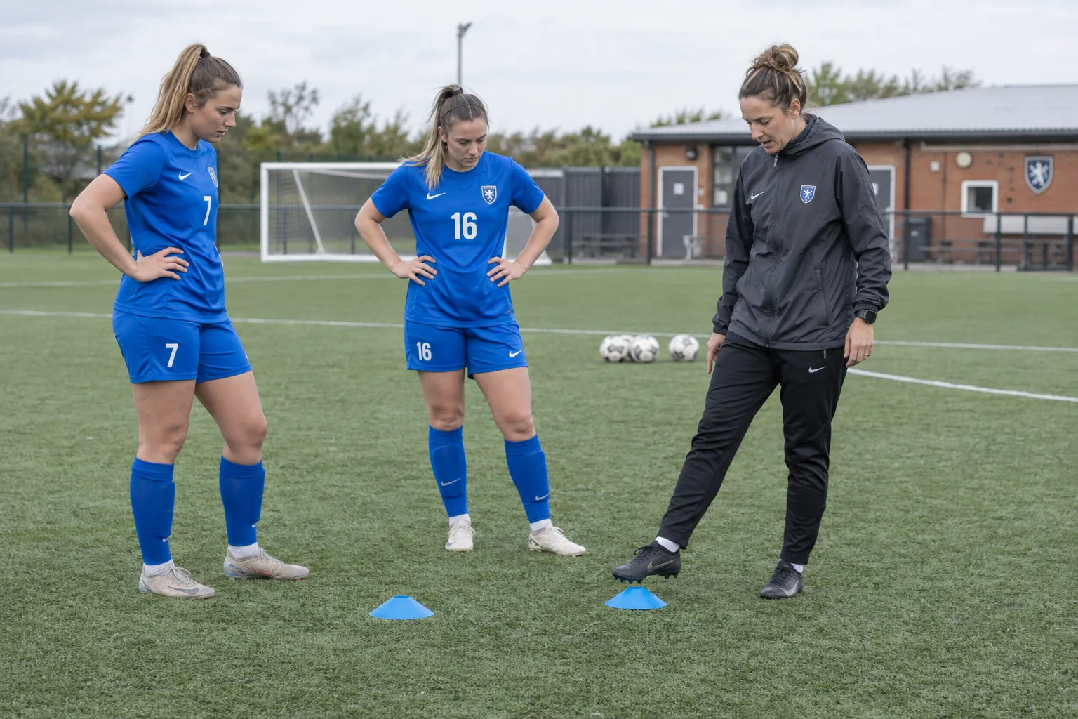 A standing coach explains a passing gate to two women footballers on synthetic turf